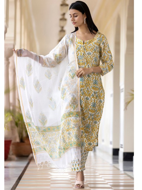 

KAAJH Women Yellow Ethnic Motifs Printed Pure Cotton Kurta with Trousers & Dupatta