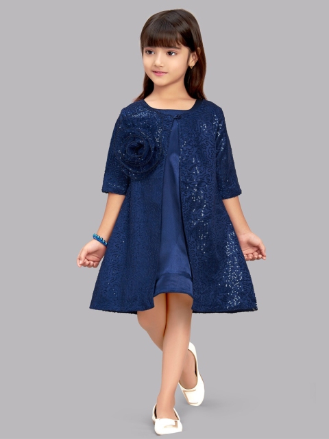 

Pink Chick Girls Navy Blue A-Line Dress with Sequined Jacket