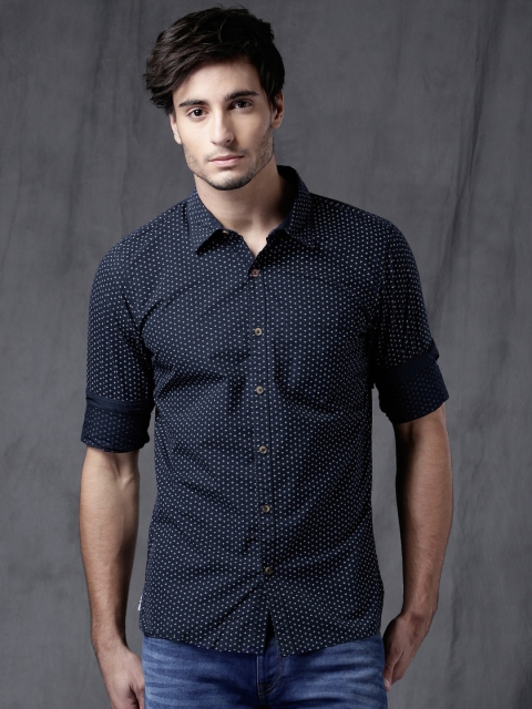 

WROGN Men Navy & White Slim Fit Printed Casual Shirt, Navy blue
