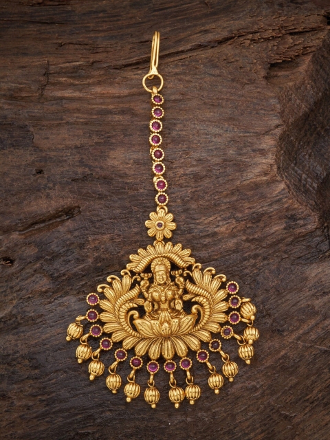 

Kushal's Fashion Jewellery Gold-Plated & Red Ruby Studded Temple Maang Tikka