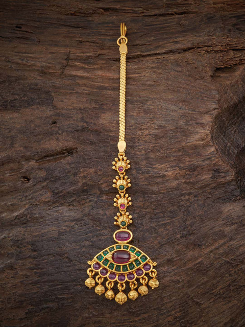 

Kushal's Fashion Jewellery Gold-Plated Red & Green Stone-Studded Antique Maang Tikka