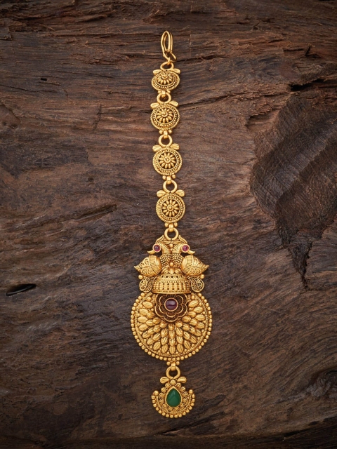 

Kushal's Fashion Jewellery Gold-Plated Pink & Green Stone Studded Maang Tikka