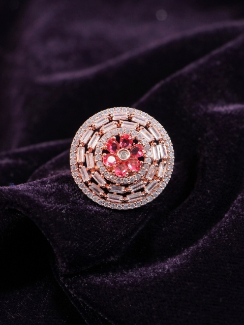 

Crunchy Fashion Rose Gold-Plated & Pink AD-Studded Finger Ring