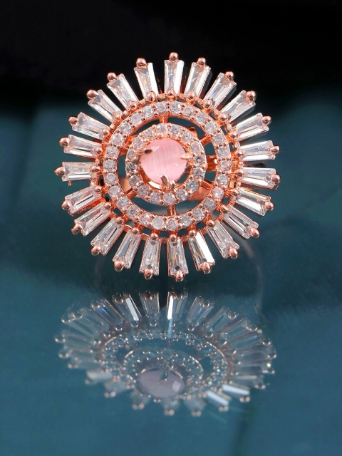 

Crunchy Fashion Rose Gold-Plated & Pink AD-Studded Finger Ring