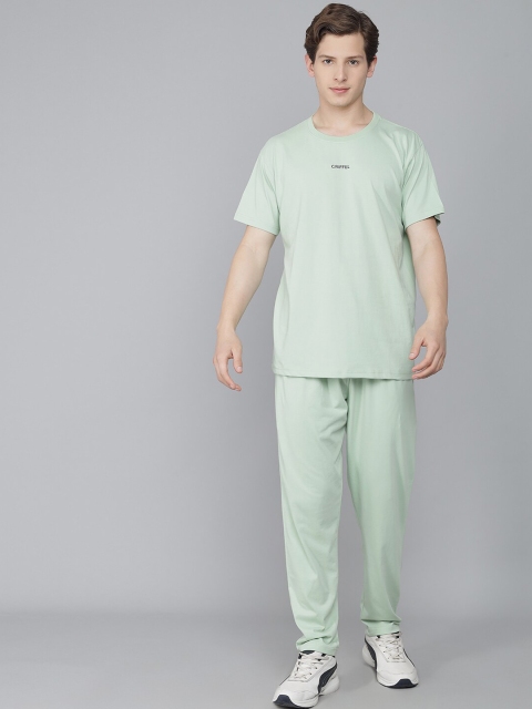 

GRIFFEL Men Sea Green Solid Pure Cotton T-shirt With Trousers
