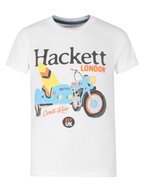HACKETT LONDON Boys White & Blue Printed Cotton Round Neck T-shirt