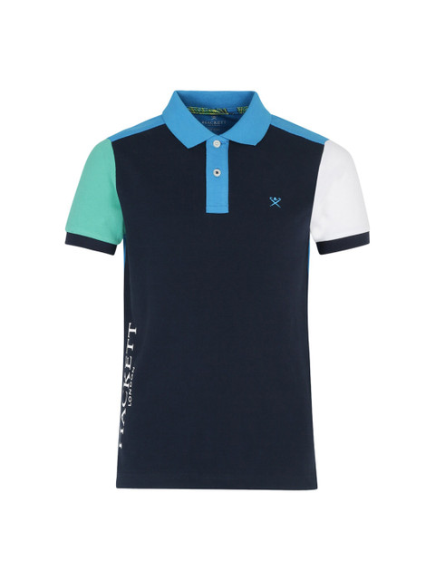 

HACKETT LONDON Boys Navy Blue & Sea Green Colourblocked Polo Collar Cotton T-shirt