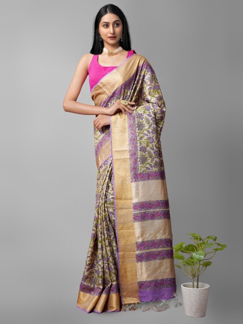 

Unnati Silks Brown & Purple Ethnic Motifs Handloom Ghicha Tussar Pure Silk Saree