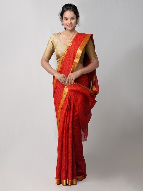 

Unnati Silks Orange & Gold-Toned Ethnic Motifs Zari Pure Cotton Block Print Saree