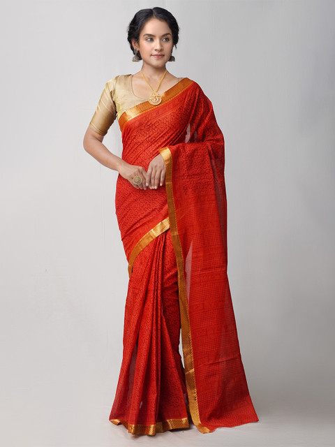 

Unnati Silks Women Orange Mulmul Cotton Saree