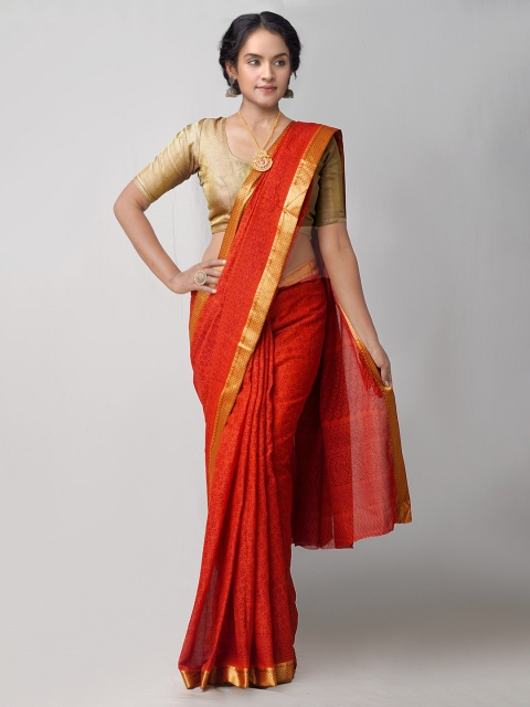 

Unnati Silks Orange & Gold-Toned Ethnic Motifs Block Print Pure Cotton Saree