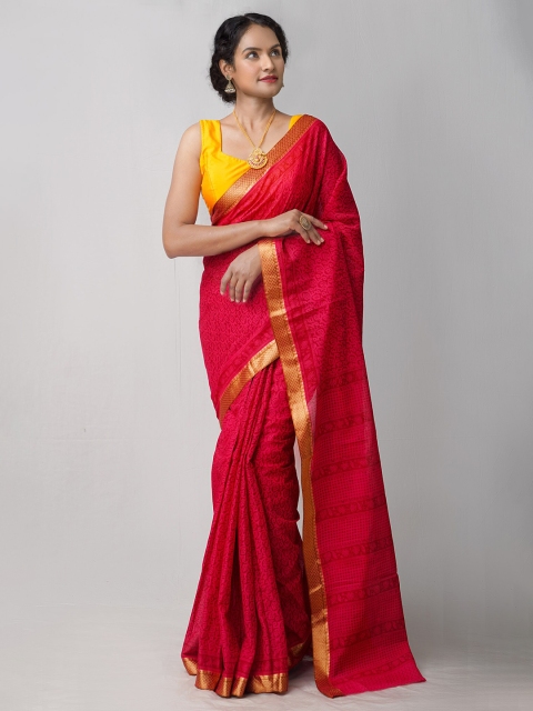 

Unnati Silks Pink & Gold-Toned Block Printed Zari Saree