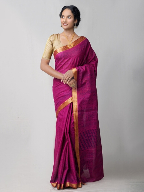 

Unnati Silks Pink & Gold-Toned Ethnic Motifs Zari Pure Cotton Block Print Saree