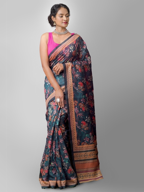 

Unnati Silks Burgundy & Pink Floral Silk Cotton Chanderi Saree