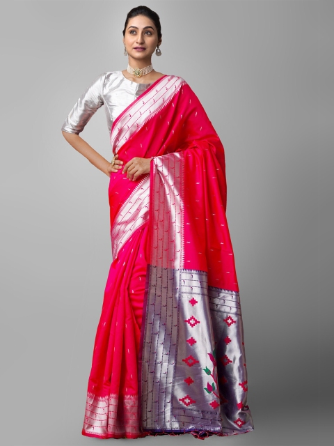 

Unnati Silks Pink & Silver-Toned Woven Design Silk Blend Paithani Saree