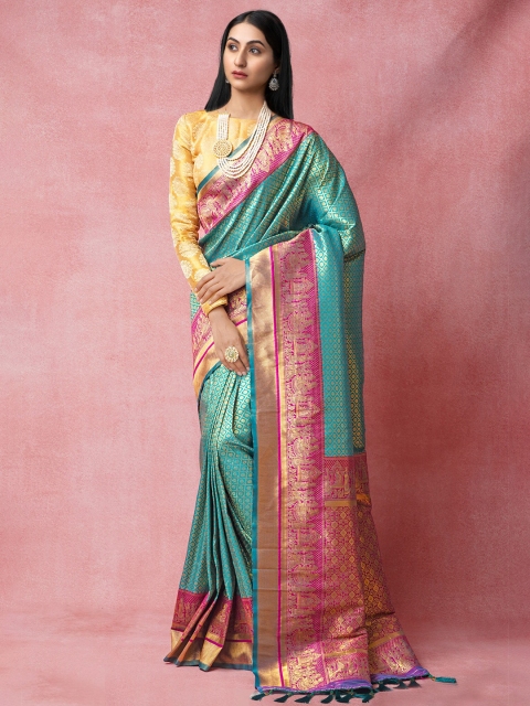 

Unnati Silks Blue & Magenta Woven Design Zari Silk Kanjeevaram Saree