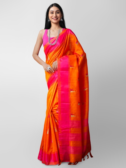 

Unnati Silks Orange & Pink Woven Design Zari Silk Cotton Mysore Silk Saree