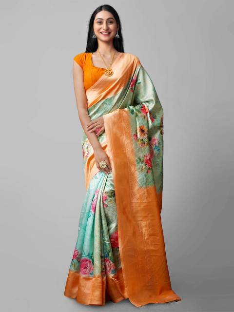 

Unnati Silks Green & Orange Ethnic Motifs Silk Cotton Baluchari Saree