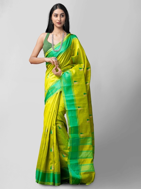 

Unnati Silks Green & Yellow Woven Design Silk Cotton Mysore Silk Saree