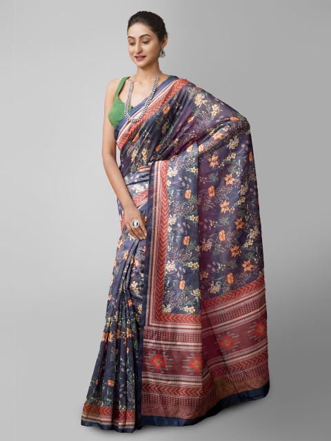 

Unnati Silks Blue & Brown Ethnic Motifs Silk Cotton Chanderi Saree