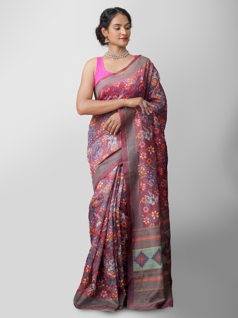 

Unnati Silks Maroon & Orange Floral Silk Cotton Chanderi Saree