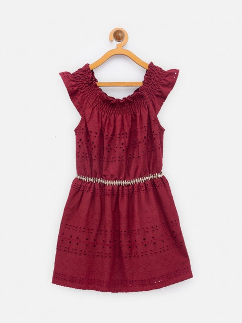 

NYNSH- PlusS Kids Girls Burgundy Schiffli Smocked Pure Cotton Fit & Flare Dress