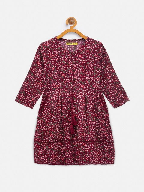 

NYNSH- PlusS Girls Maroon & Green Floral Printed Cotton Dress