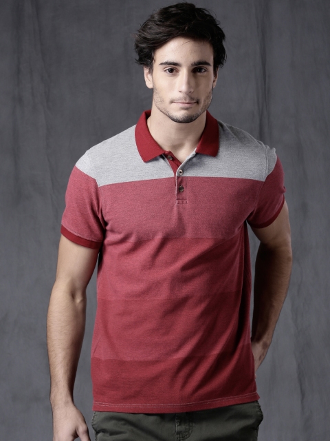 

WROGN Men Red & Grey Melange Colourblocked Polo Collar T-shirt
