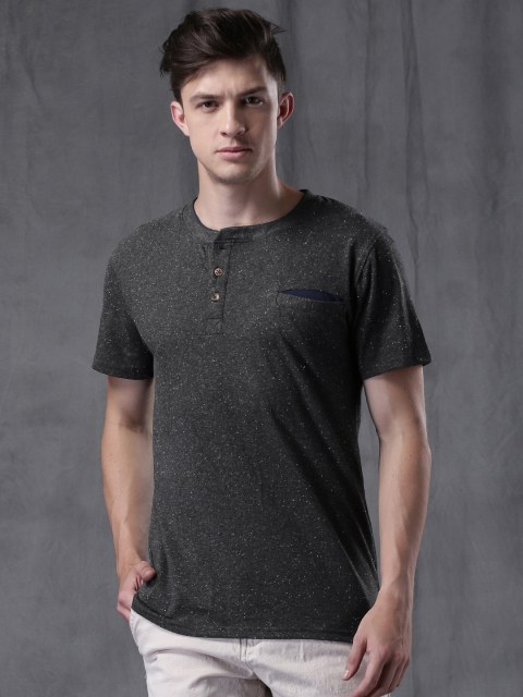 

WROGN Men Charcoal Grey Speckled Henley Neck T-shirt