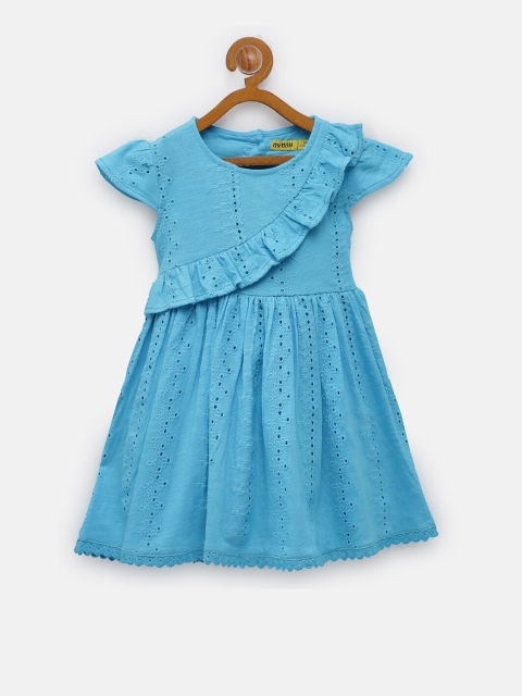 

NYNSH- PlusS Kids Girls Blue Floral Schiffli Embroidered Cotton Tie-Up Fit & Flare Dress