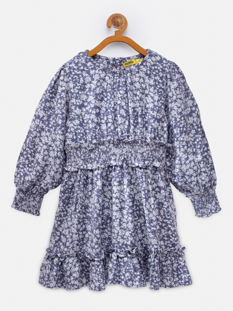 

NYNSH- PlusS Kids Girls Blue & White Floral Print Smocked Fit & Flare Dress
