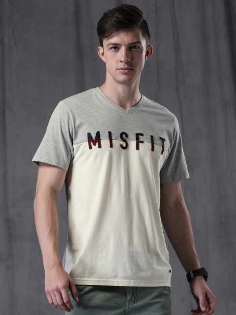 

WROGN Men Cream-Coloured & Grey Melange Colourblocked V-Neck T-shirt