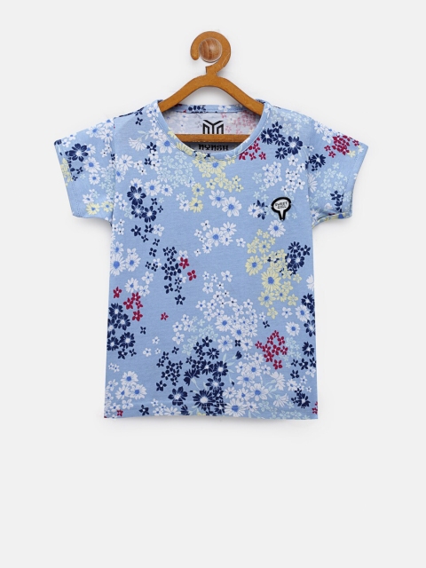 

NYNSH- PlusS Kids Girls Blue & White Floral Printed Cotton T-shirt