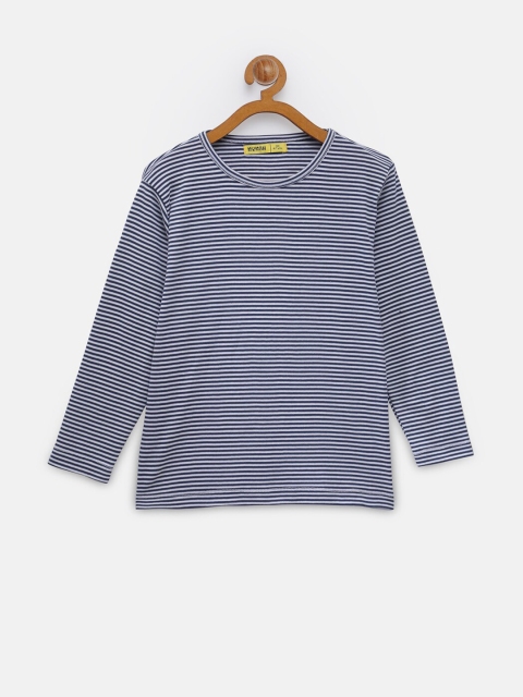 

NYNSH- PlusS Kids Girls White & Navy Blue Striped Pure Cotton T-shirt