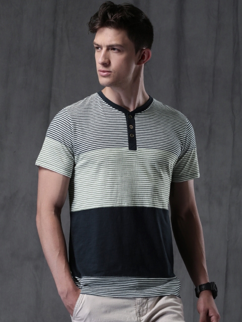 

WROGN Men Navy & White Striped Henley T-shirt, Navy blue