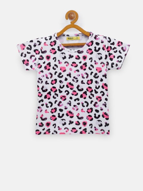 

NYNSH- PlusS Kids Girls White & Pink Printed Pure Cotton T-shirt