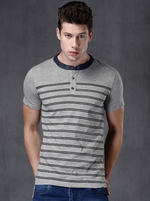 

WROGN Men Grey Melange & Black Striped Henley Neck T-shirt
