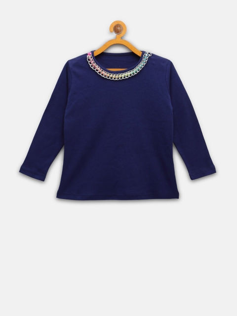 

NYNSH- PlusS Kids Girls Navy Blue Embellished Cotton T-shirt