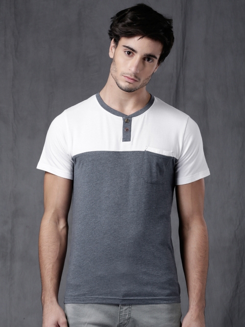 

WROGN Men Navy & White Colourblocked Henley T-shirt, Navy blue