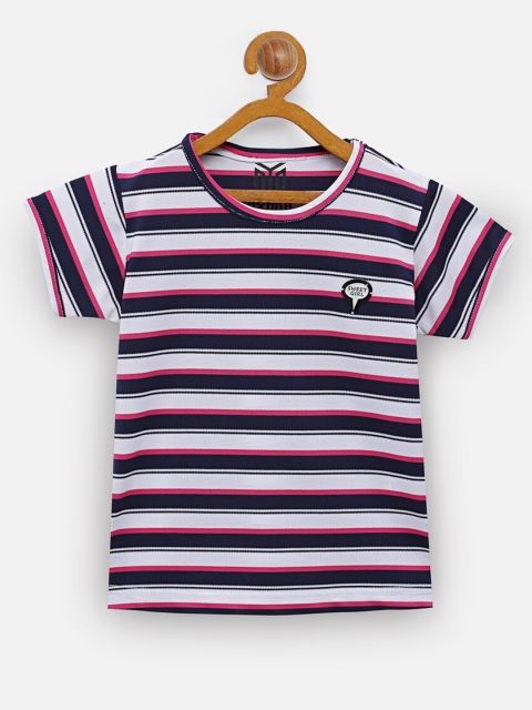 

NYNSH- PlusS Kids Girls Navy Blue & White Striped Applique Pure Cotton T-shirt