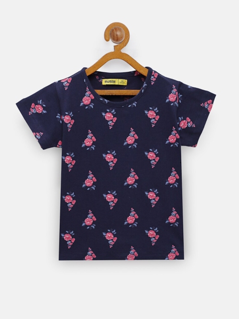 

NYNSH- PlusS Kids Girls Navy Blue Floral Printed Cotton T-shirt