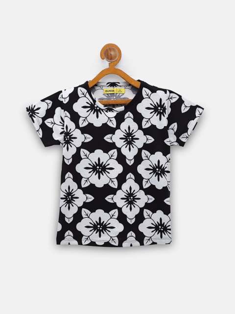 

NYNSH- PlusS Kids Girls Black & White Floral Printed Pure Cotton T-shirt