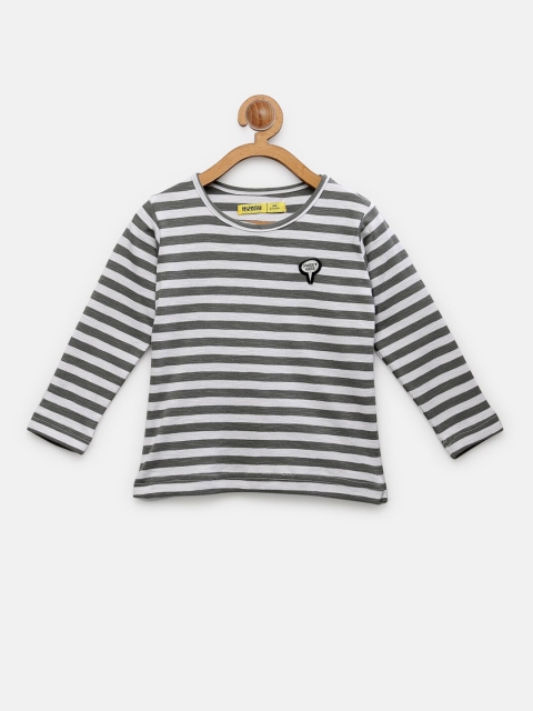 

NYNSH- PlusS Kids Girls Grey & White Striped Applique Pure Cotton T-shirt