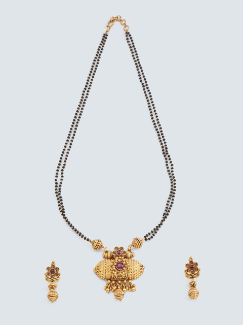 

Kushal's Fashion Jewellery Gold-Plated Red Ruby Stone-Studded & Beaded Mangalsutra With Earring Set