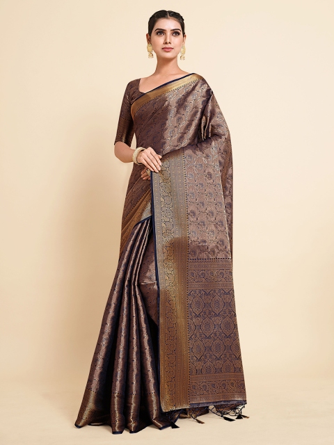 

MIMOSA Navy Blue & Gold-Toned Floral Zari Art Silk Kanjeevaram Saree