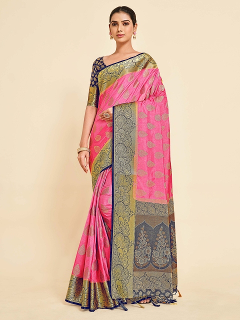

MIMOSA Pink & Blue Floral Zari Art Silk Kanjeevaram Saree