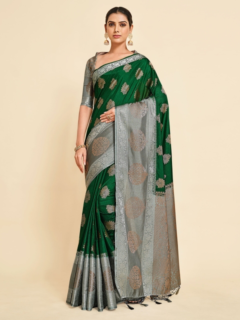 

MIMOSA Green & Silver-Toned Woven Design Art Silk Kanjeevaram Saree