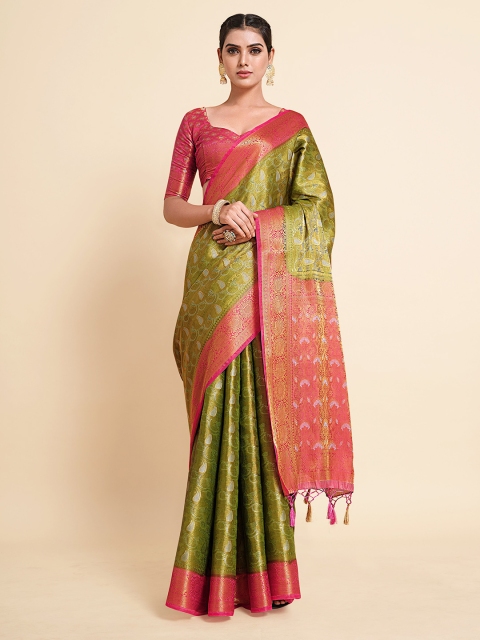 

MIMOSA Olive Green & Pink Woven Design Zari Art Silk Kanjeevaram Saree