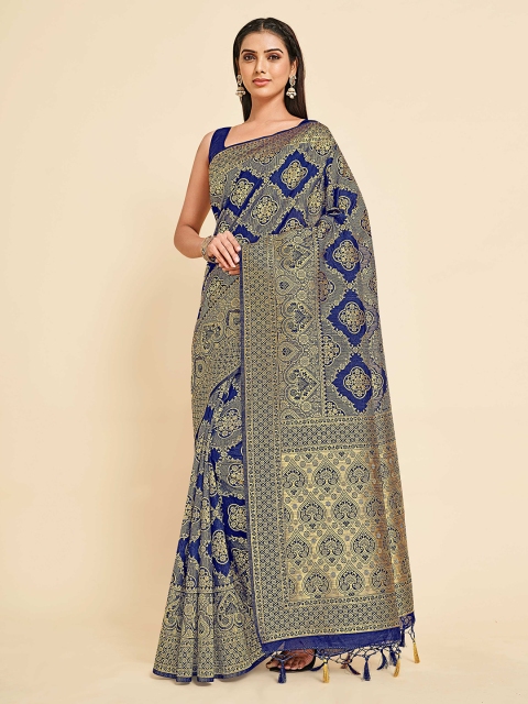 

MIMOSA Navy Blue & Gold-Toned Woven Design Zari Art Silk Kanjeevaram Saree