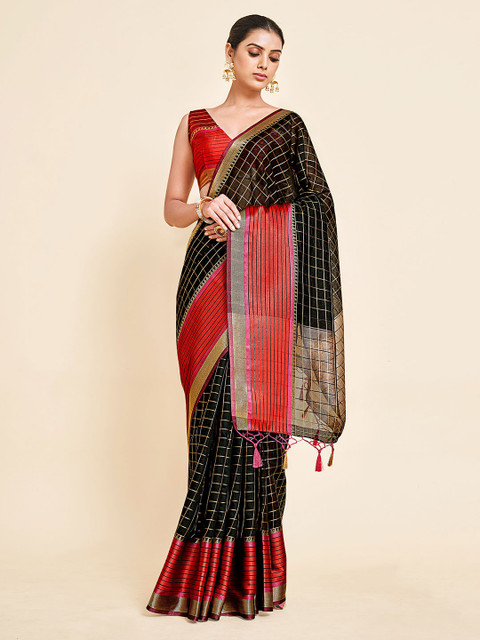 

MIMOSA Black & Pink Checked Zari Art Silk Handloom Banarasi Saree